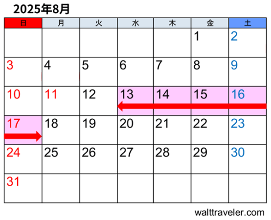 2025年のお盆休みカレンダー(一般企業)